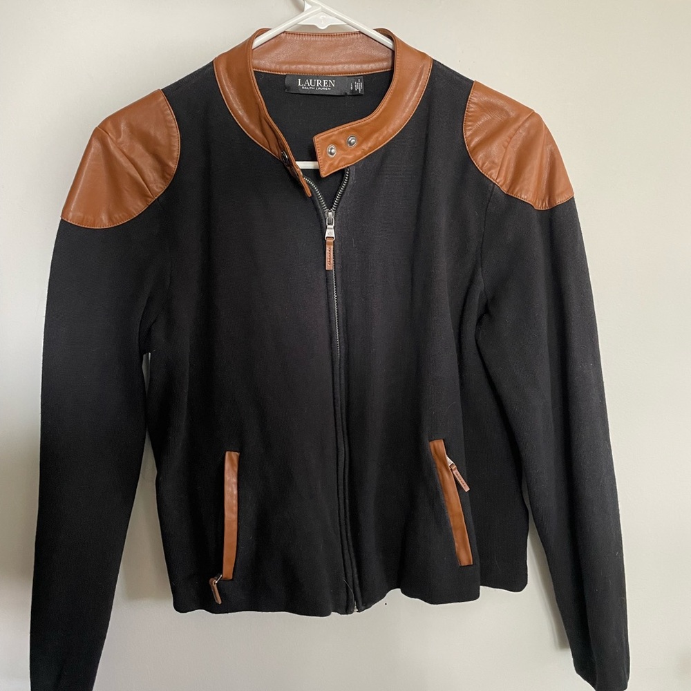 Ralph Lauren Black and Brown Faux Leather Trim Zip Front Motorcycle Jacket